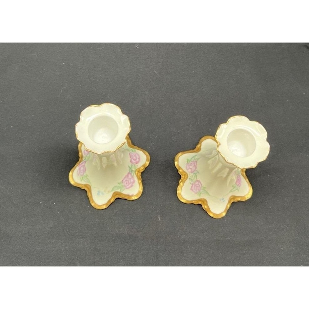 Haviland France Limoges Porcelain Candlestick Holders Pink Rose Gold Trim Set 2 - Picture 7 of 9